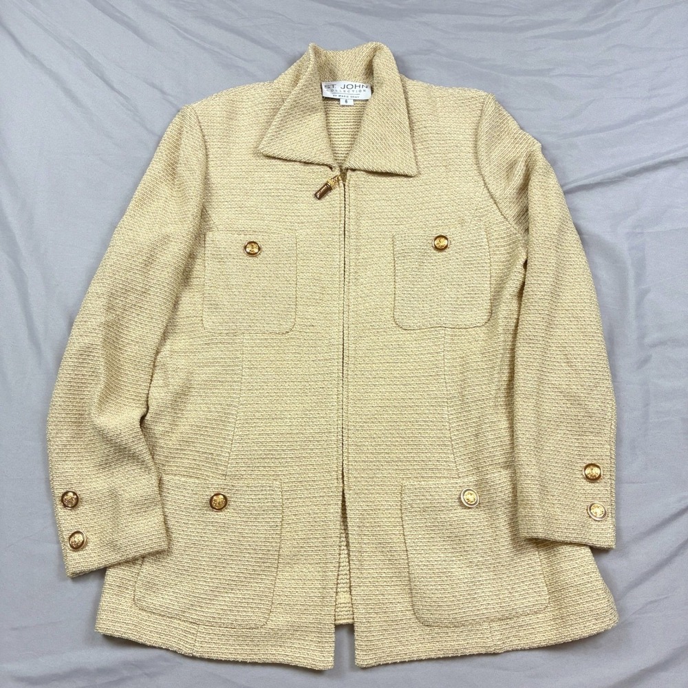St. John Collection Santana Knit Jacket 6 Tan Zip Front Gold Button Marie Gray